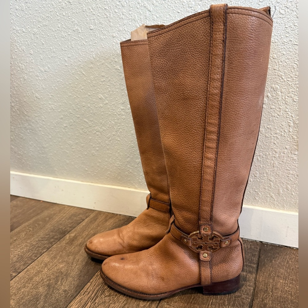 Tory Burch women’s Brown Leather Logo Knee Length Boots‎ Size 9